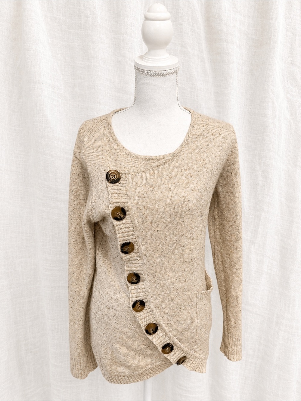Beige Asymmetric Button Sweater